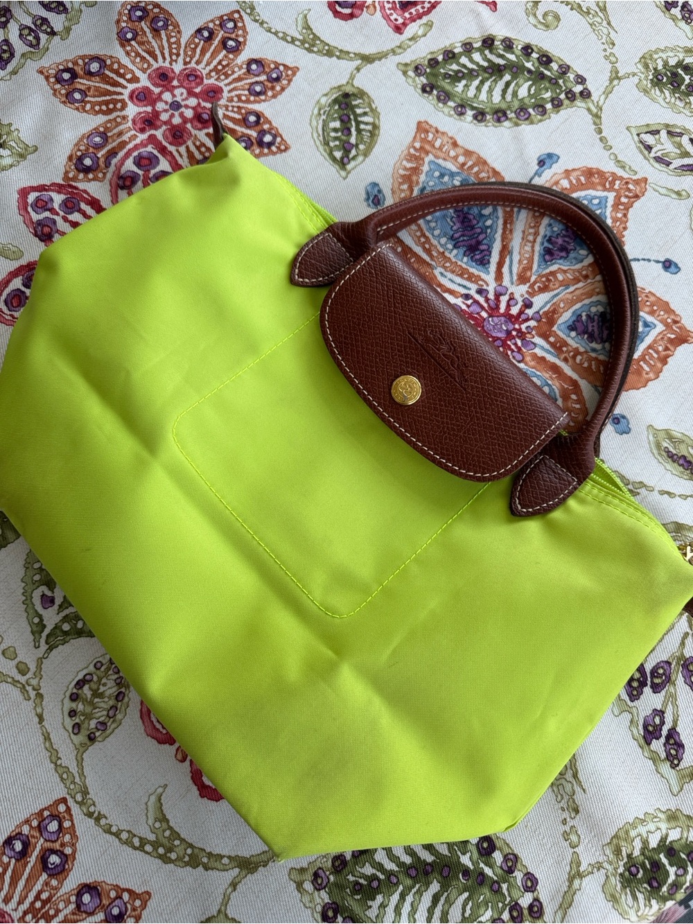 Longchamp Le Pliage chartreuse/electric lime mini tote bag with leather accents